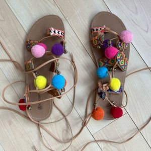 Boho pompon tie up sandals